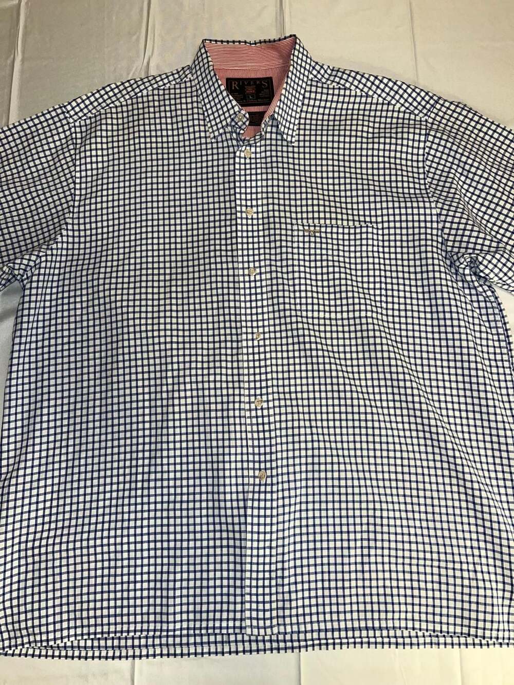 Rivers Men's Large Blue Gingham Short Sleeve Button Down Shirt with Contrast Inn
